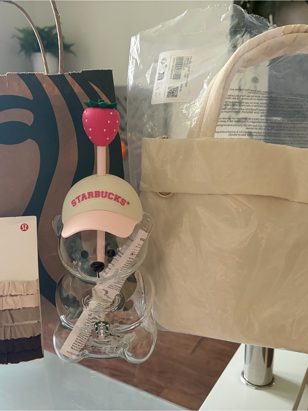 Starbucks Clear Bear Straw Cup with Pink Hat and Strawberry Topper